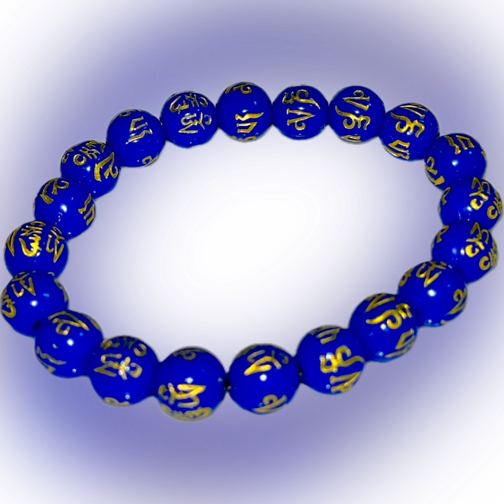 Om Mani Padme Blue and Gold Bead Stretch Bracelet Mantra Bracelet